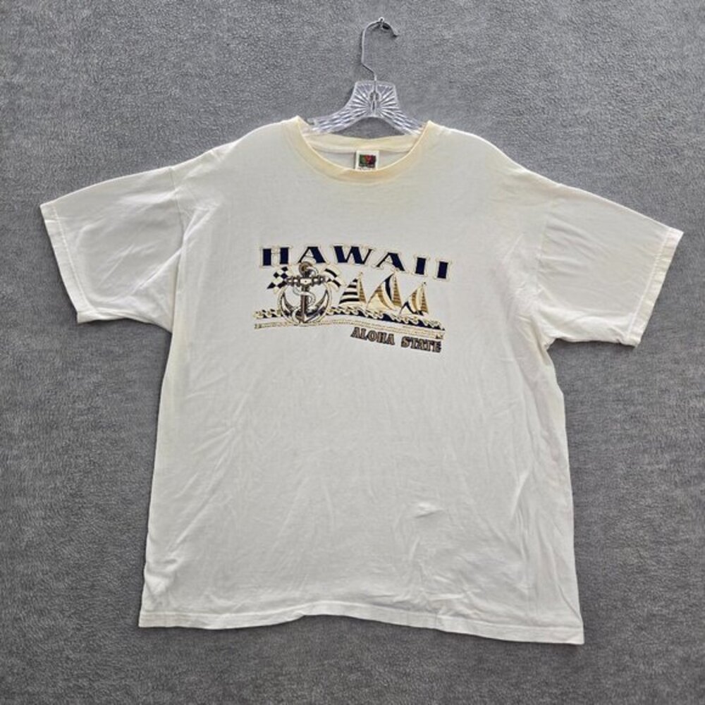 VINTAGE Hawaii Aloha State Men Shirt XL White Sail Boats‎ Graphic Y2K Tee READ